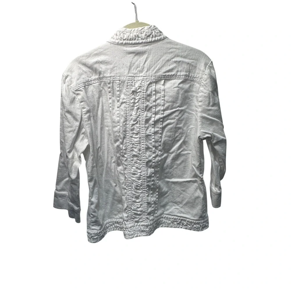Dressbarn White‎ Ruffle Denim Jacket Hook Eye Closure 3/4 Sleeve Large